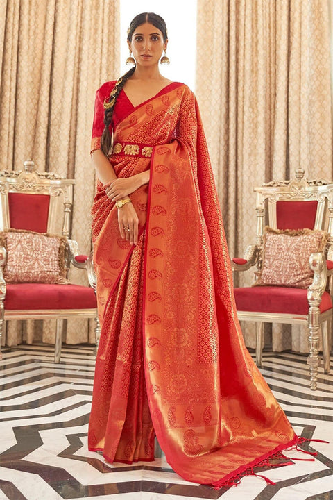 VastraLakshmi Twirling Red Kanjivaram Silk Saree with Classic Blouse Piece