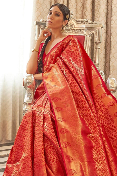 VastraLakshmi Twirling Red Kanjivaram Silk Saree with Classic Blouse Piece