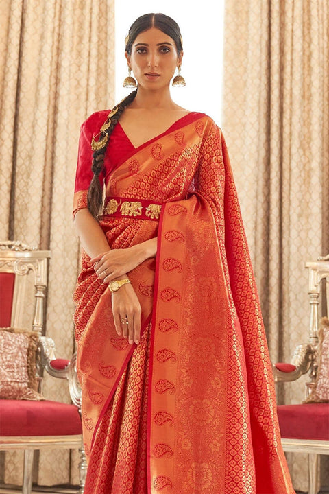 VastraLakshmi Twirling Red Kanjivaram Silk Saree with Classic Blouse Piece