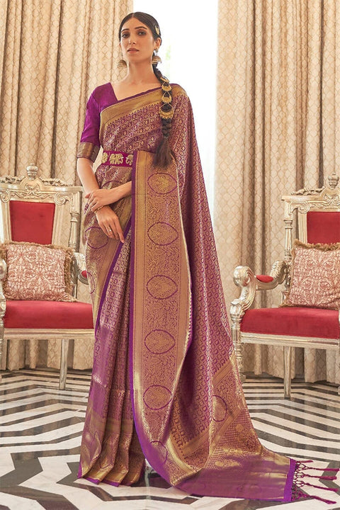 VastraLakshmi Denouement Purple Kanjivaram Silk Saree with Enchanting Blouse Piece