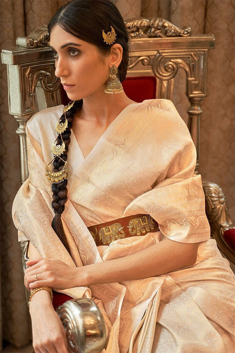 VastraLakshmi Bucolic Beige Kanjivaram Silk Saree with Forbearance Blouse Piece