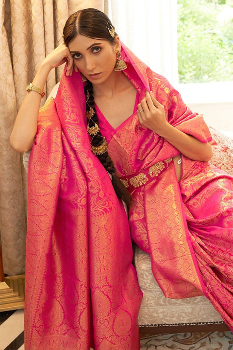 VastraLakshmi Hypnotic Dark Pink Kanjivaram Silk Saree with Classic Blouse Piece