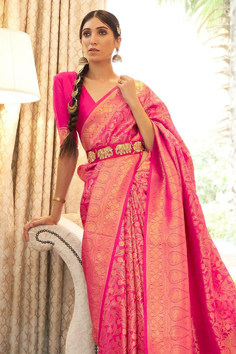 VastraLakshmi Hypnotic Dark Pink Kanjivaram Silk Saree with Classic Blouse Piece