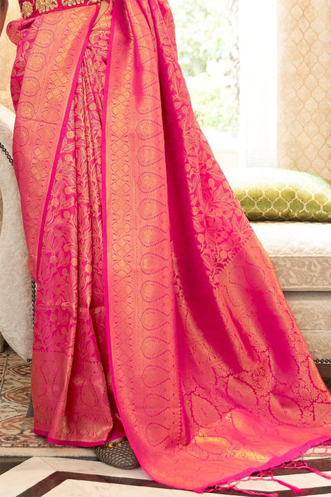 VastraLakshmi Hypnotic Dark Pink Kanjivaram Silk Saree with Classic Blouse Piece