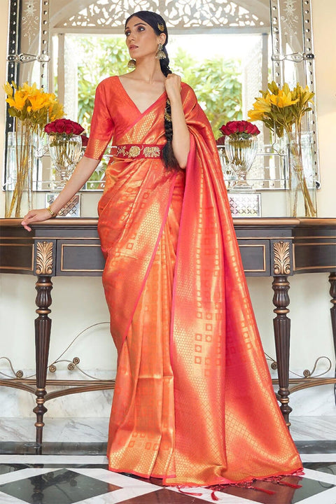 VastraLakshmi Panoply Orange Kanjivaram Silk Saree with Luxuriant Blouse Piece