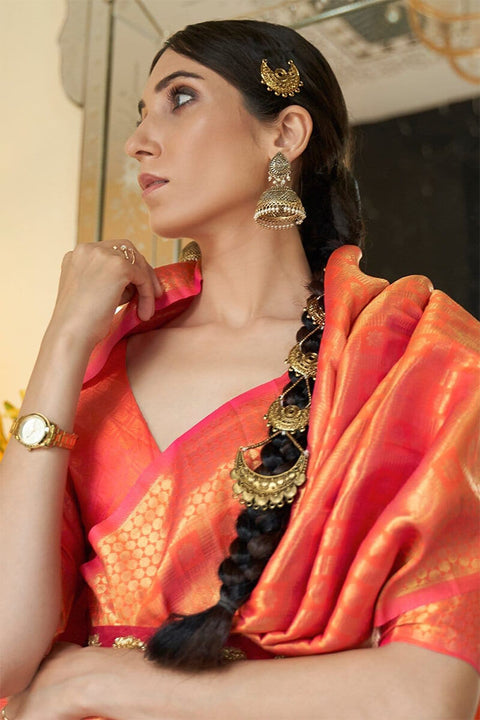 VastraLakshmi Panoply Orange Kanjivaram Silk Saree with Luxuriant Blouse Piece