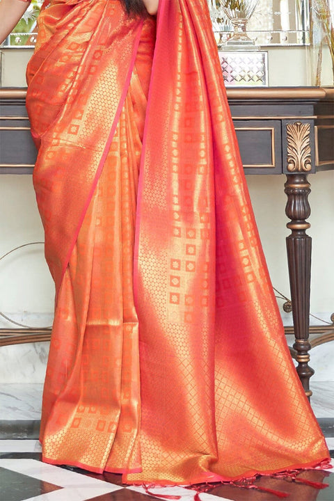 VastraLakshmi Panoply Orange Kanjivaram Silk Saree with Luxuriant Blouse Piece