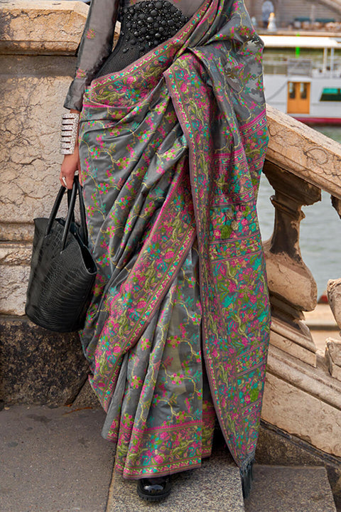 VastraLakshmi Diaphanous Grey Pashmina saree With Moiety Blouse Piece