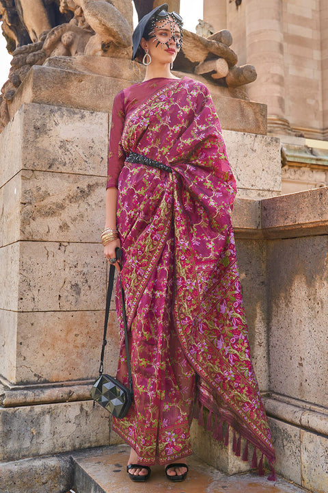 VastraLakshmi Surreptitious Wine Pashmina saree With Confounding Blouse Piece