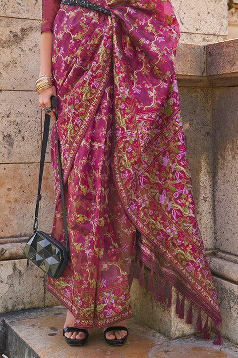 VastraLakshmi Surreptitious Wine Pashmina saree With Confounding Blouse Piece