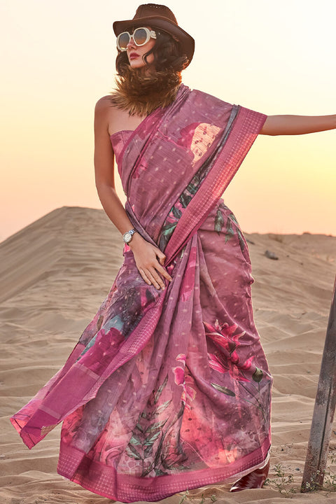 VastraLakshmi Energetic Purple Digital Printed Cotton Silk Saree With Captivating Blouse Piece