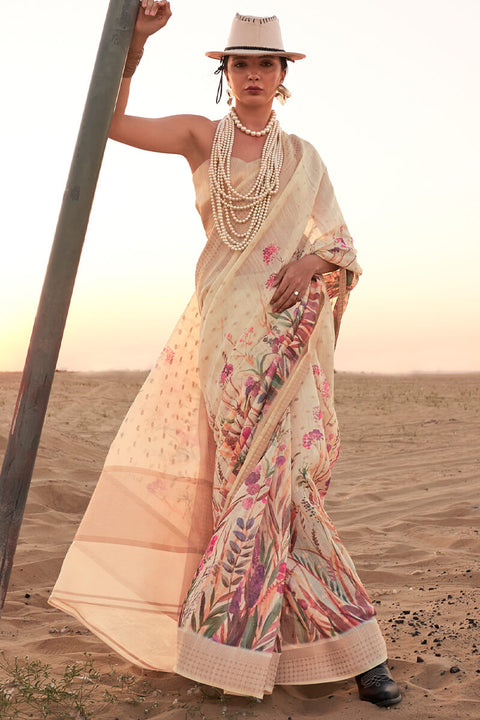 VastraLakshmi Elegant Beige Digital Printed Cotton Silk Saree With Amazing Blouse Piece