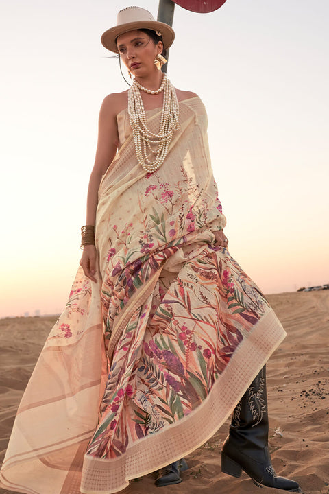 VastraLakshmi Elegant Beige Digital Printed Cotton Silk Saree With Amazing Blouse Piece