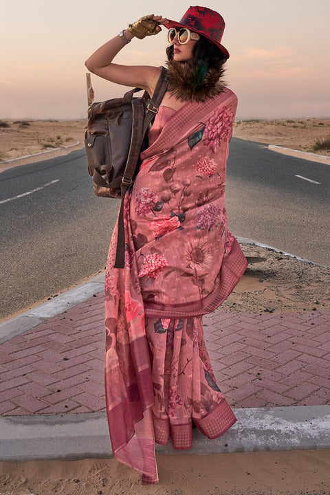 VastraLakshmi Refreshing Pink Digital Printed Cotton Silk Saree With Gorgeous Blouse Piece