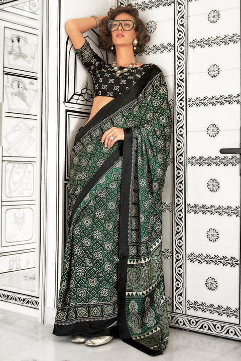 VastraLakshmi Trendy Green Digital Printed Satin Silk Saree With Stunning Blouse Piece