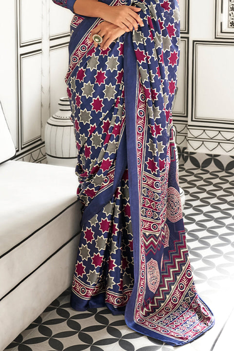 VastraLakshmi Gleaming Blue Digital Printed Satin Silk Saree With Deserving Blouse Piece