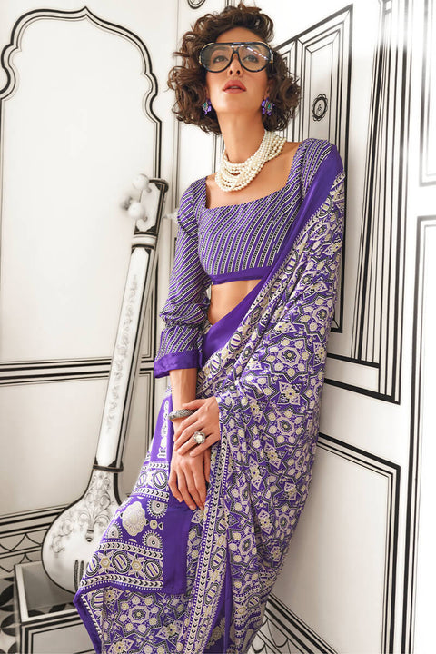 VastraLakshmi Ephemeral Purple Digital Printed Satin Silk Saree With Nemesis Blouse Piece