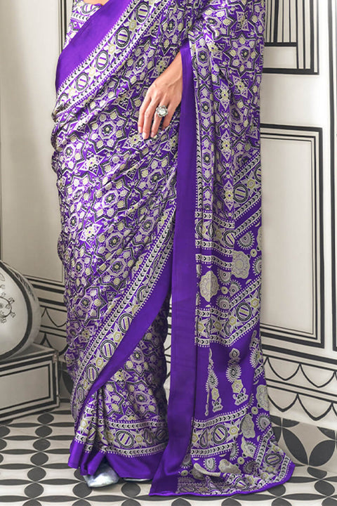 VastraLakshmi Ephemeral Purple Digital Printed Satin Silk Saree With Nemesis Blouse Piece