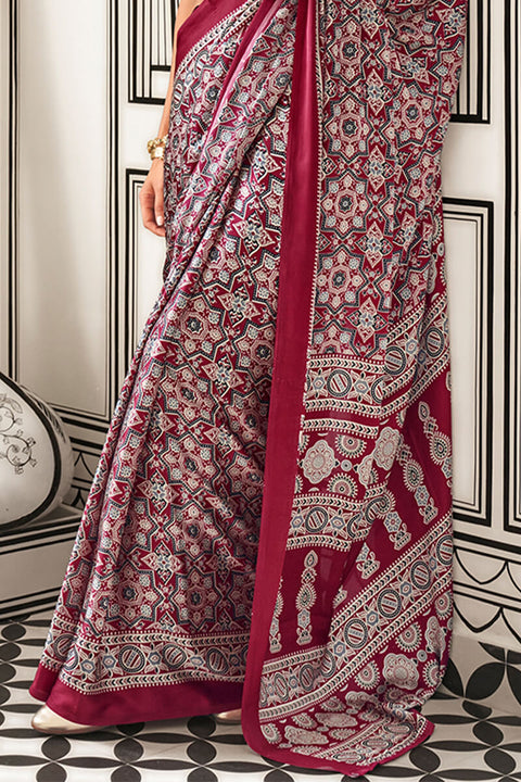 VastraLakshmi Ratatouille Maroon Digital Printed Satin Silk Saree With Delectable Blouse Piece