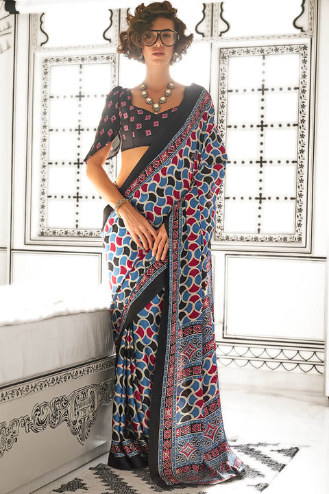 VastraLakshmi Incomparable Firozi Digital Printed Satin Silk Saree With Pulsating Blouse Piece