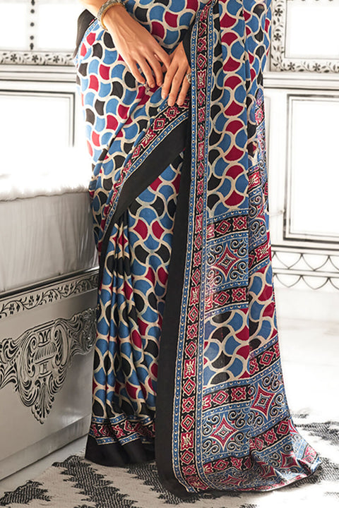 VastraLakshmi Incomparable Firozi Digital Printed Satin Silk Saree With Pulsating Blouse Piece