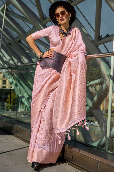 VastraLakshmi Serendipity Baby Pink Soft Banarasi Silk Saree With Pleasurable Blouse Piece