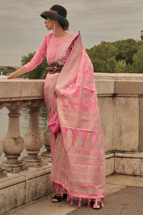 VastraLakshmi Alluring Baby Pink Kashmiri Model Organza Silk Saree With Adorning Blouse Piece