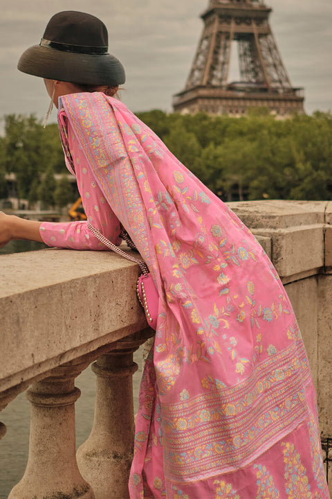 VastraLakshmi Alluring Baby Pink Kashmiri Model Organza Silk Saree With Adorning Blouse Piece