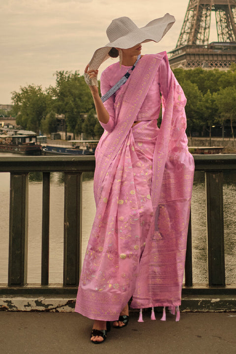 VastraLakshmi Flameboyant Pink Kashmiri Model Organza Silk Saree With Ideal Blouse Piece