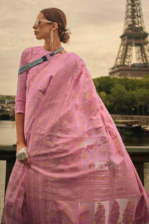 VastraLakshmi Flameboyant Pink Kashmiri Model Organza Silk Saree With Ideal Blouse Piece