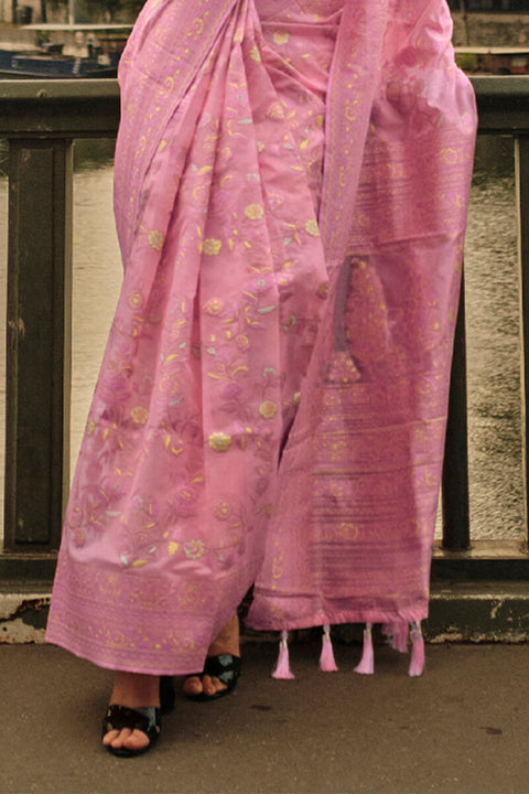 VastraLakshmi Flameboyant Pink Kashmiri Model Organza Silk Saree With Ideal Blouse Piece