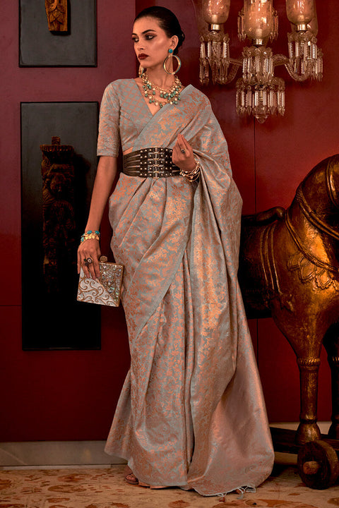 VastraLakshmi Impressive Grey Soft Banarasi Silk Saree With Adorable Blouse Piece