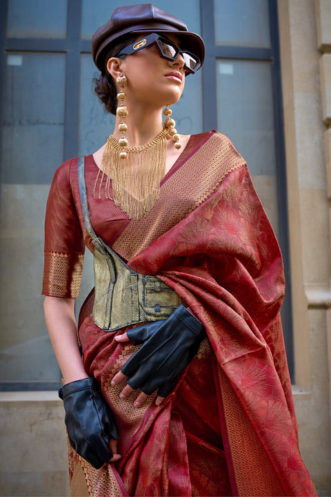 VastraLakshmi Fancifull Maroon Organza Silk Saree With Engrossing Blouse Piece