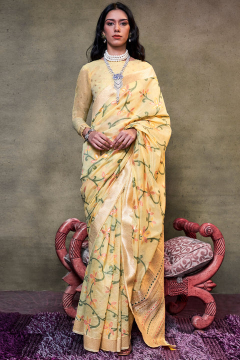 VastraLakshmi Allure Yellow Cotton Silk Saree With Opulent Blouse Piece