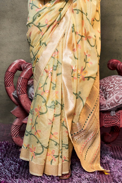 VastraLakshmi Allure Yellow Cotton Silk Saree With Opulent Blouse Piece