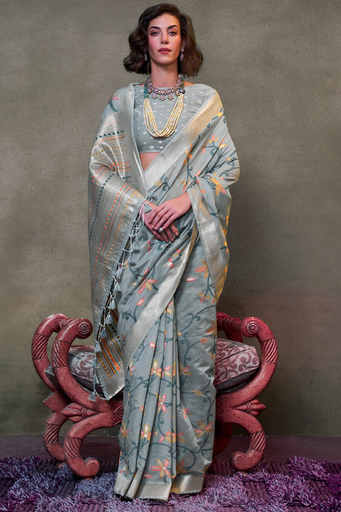 VastraLakshmi Ineffable Grey Cotton Silk Saree With Inimitable Blouse Piece