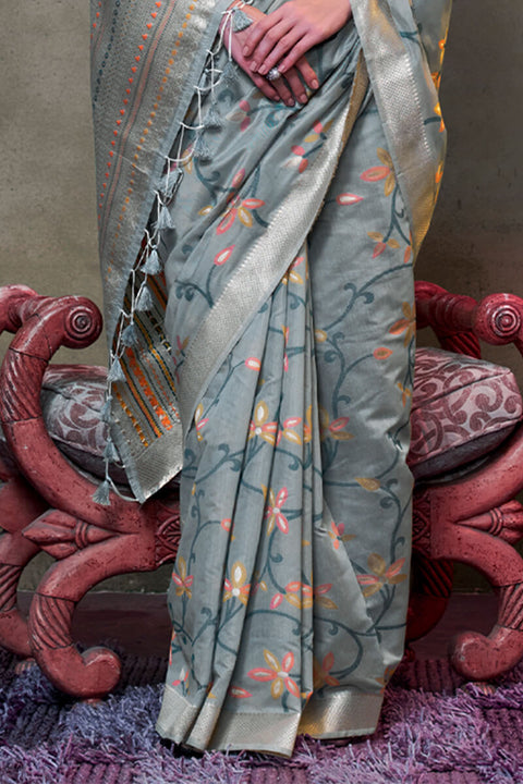 VastraLakshmi Ineffable Grey Cotton Silk Saree With Inimitable Blouse Piece