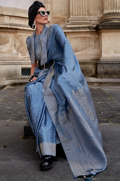 VastraLakshmi Fancifull Light Blue Soft Banarasi Silk Saree With Adoring Blouse Piece