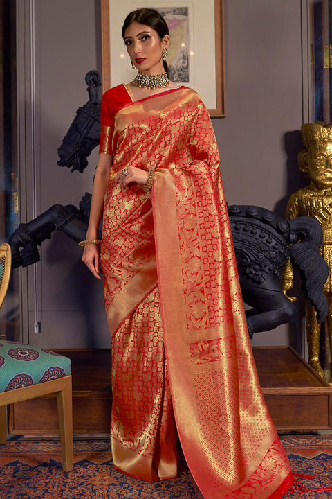 VastraLakshmi Extraordinary Red Kanjivaram Silk Saree With Surpassing Blouse Piece