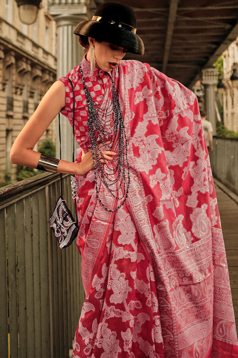 VastraLakshmi Extraordinary Red Lucknowi Silk Saree and Refreshing Blouse Piece