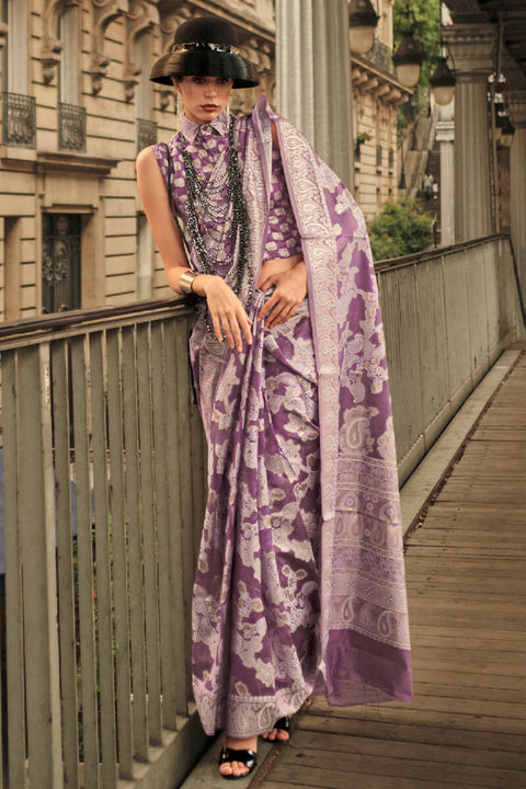 VastraLakshmi Fancifull Purple Lucknowi Silk Saree and Stunner Blouse Piece