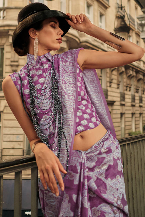 VastraLakshmi Fancifull Purple Lucknowi Silk Saree and Stunner Blouse Piece