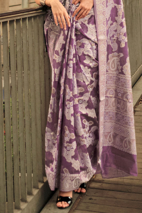 VastraLakshmi Fancifull Purple Lucknowi Silk Saree and Stunner Blouse Piece