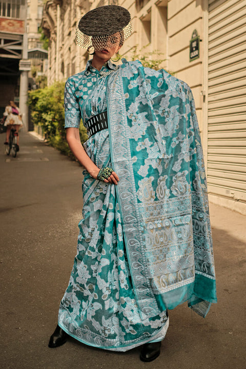 VastraLakshmi Bewitching Rama Lucknowi Silk Saree and Bucolic Blouse Piece