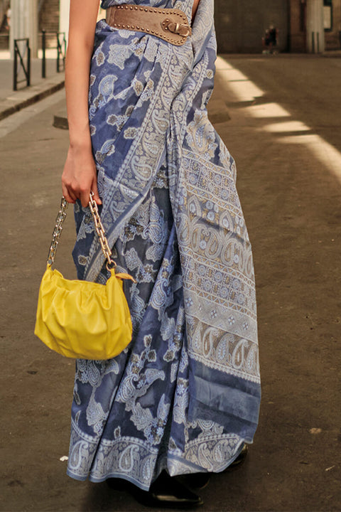 VastraLakshmi Chatoyant Navy Blue Lucknowi Silk Saree and Desultory Blouse Piece