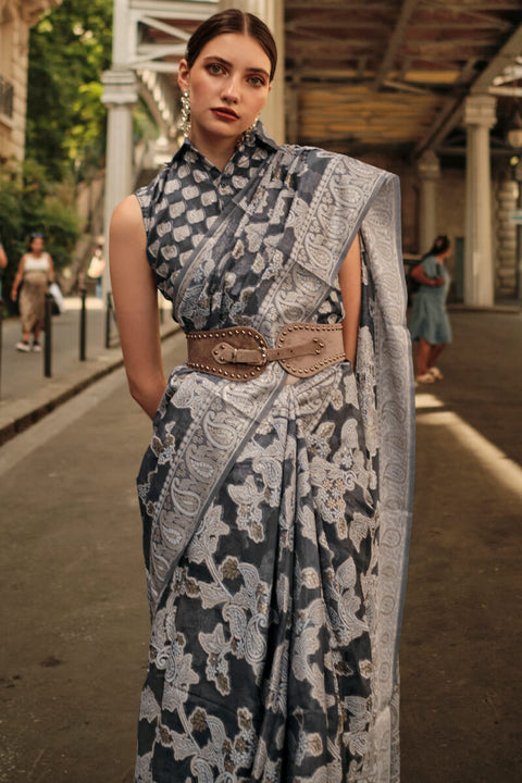 VastraLakshmi Ratatouille Black Lucknowi Silk Saree and Vestigial Blouse Piece