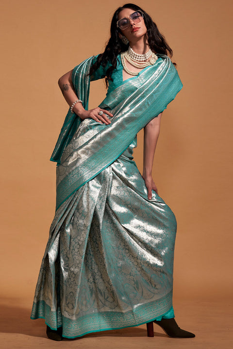 VastraLakshmi Demure Sea Green Kanjivaram Silk Saree With Ornate Blouse Piece