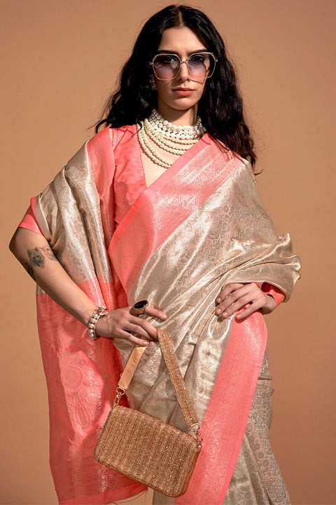 VastraLakshmi Seraglio Beige and Pink Kanjivaram Silk Saree With Profuse Blouse Piece