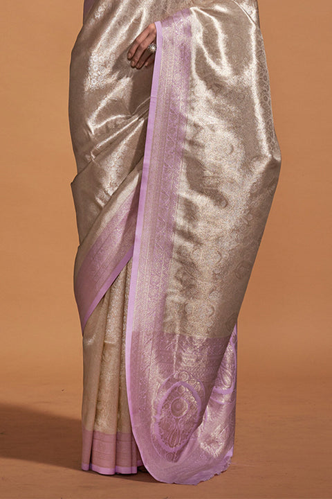 VastraLakshmi Eloquence Off White and Lavender Kanjivaram Silk Saree With Prettiest Blouse Piece