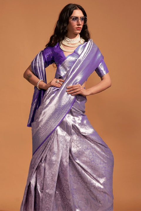 VastraLakshmi Gleaming Purple Kanjivaram Silk Saree With Intricate Blouse Piece